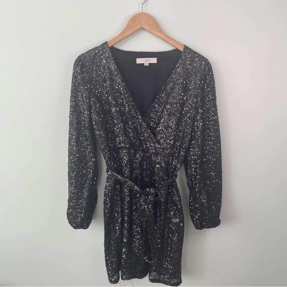 LOFT Navy Sequined Faux Wrap Cocktail Dress